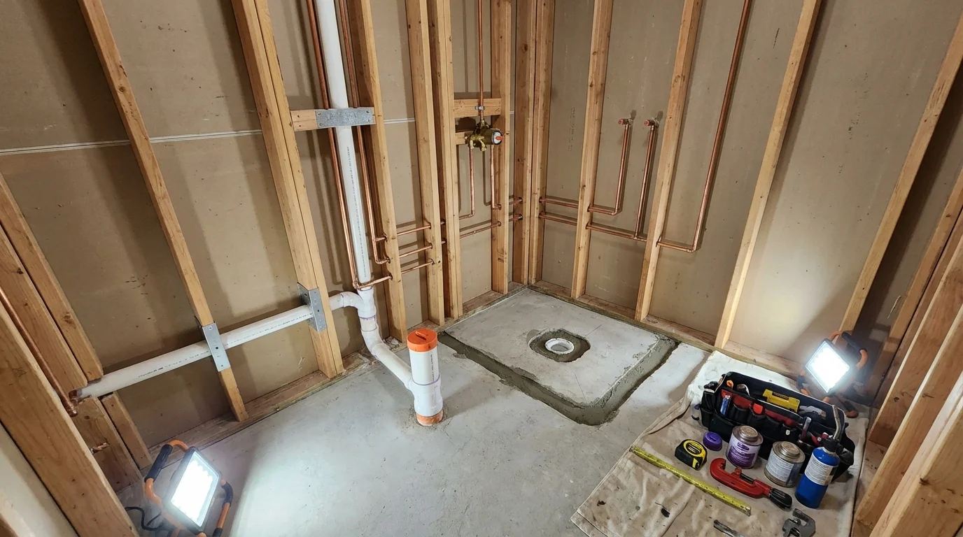 Bathroom rough-in plumbing during remodel by Johns Plumbing LLC in Brownstown