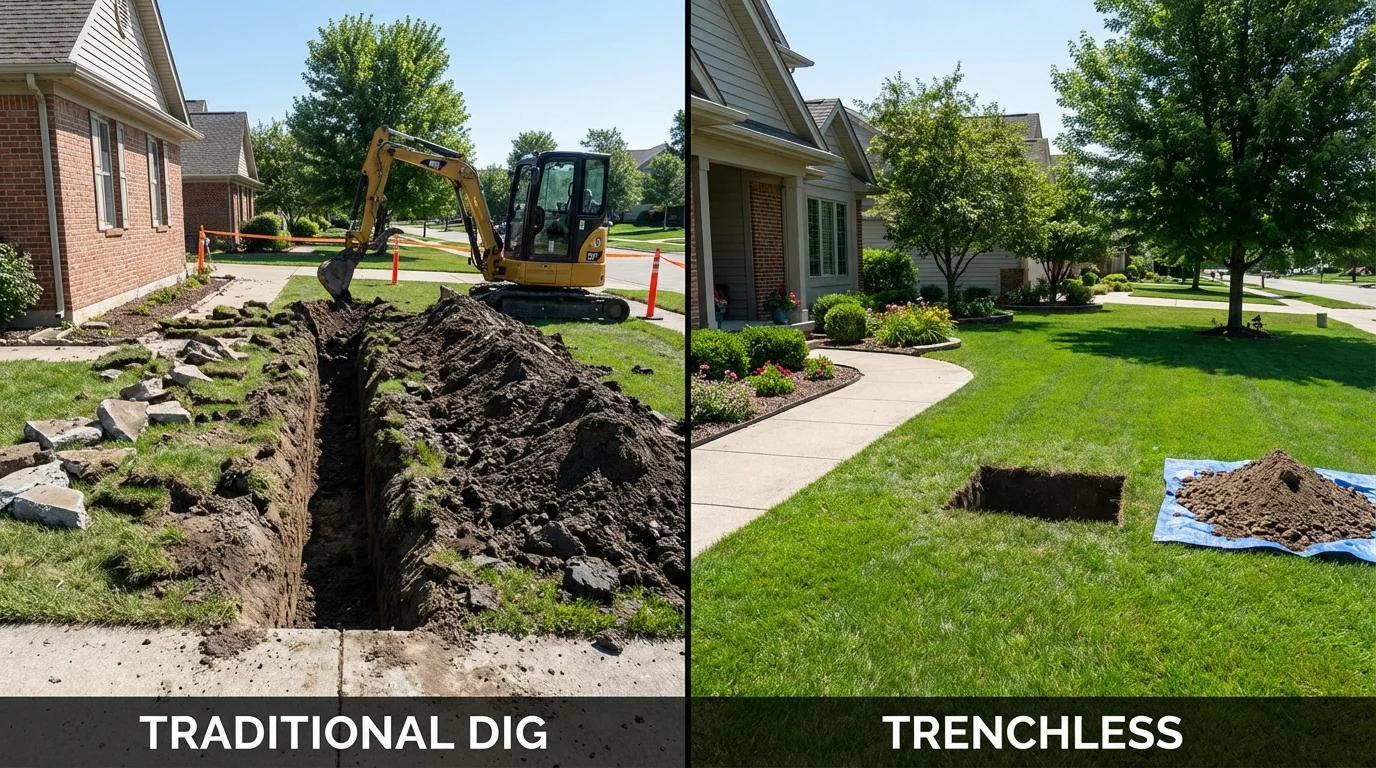 Trenchless sewer repair with minimal yard damage versus traditional excavation in Brownstown, PA