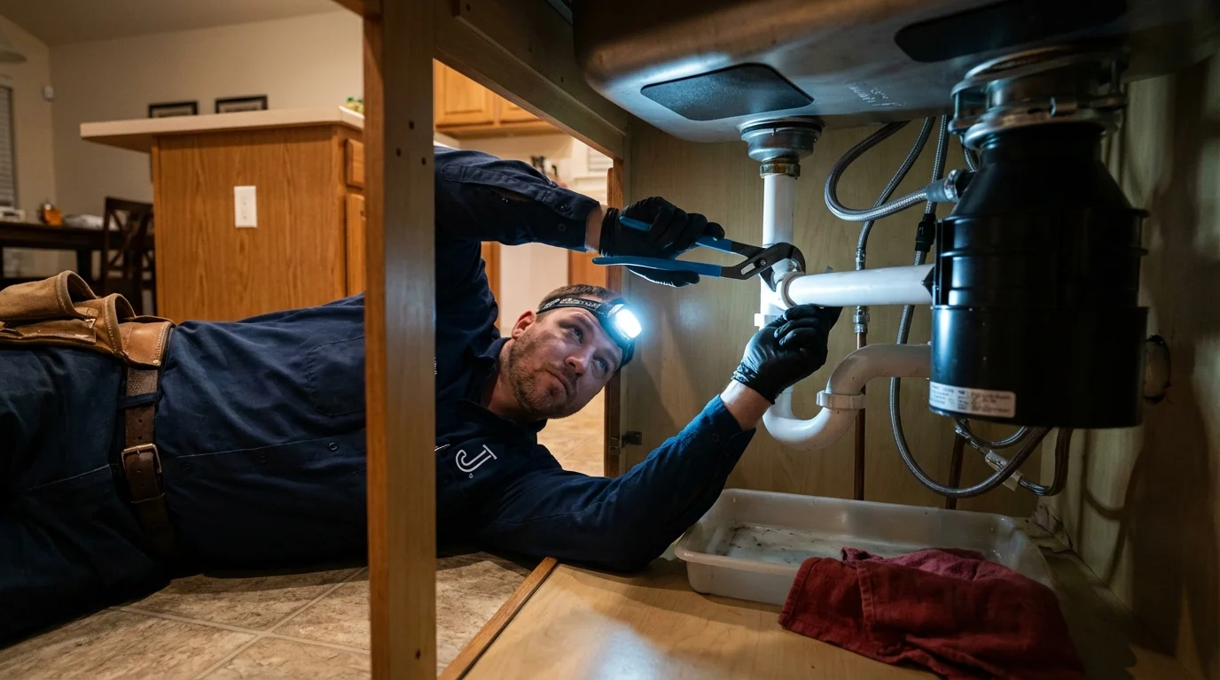 P-trap and supply line connections under a kitchen sink showing a common leak point in Brownstown, PA